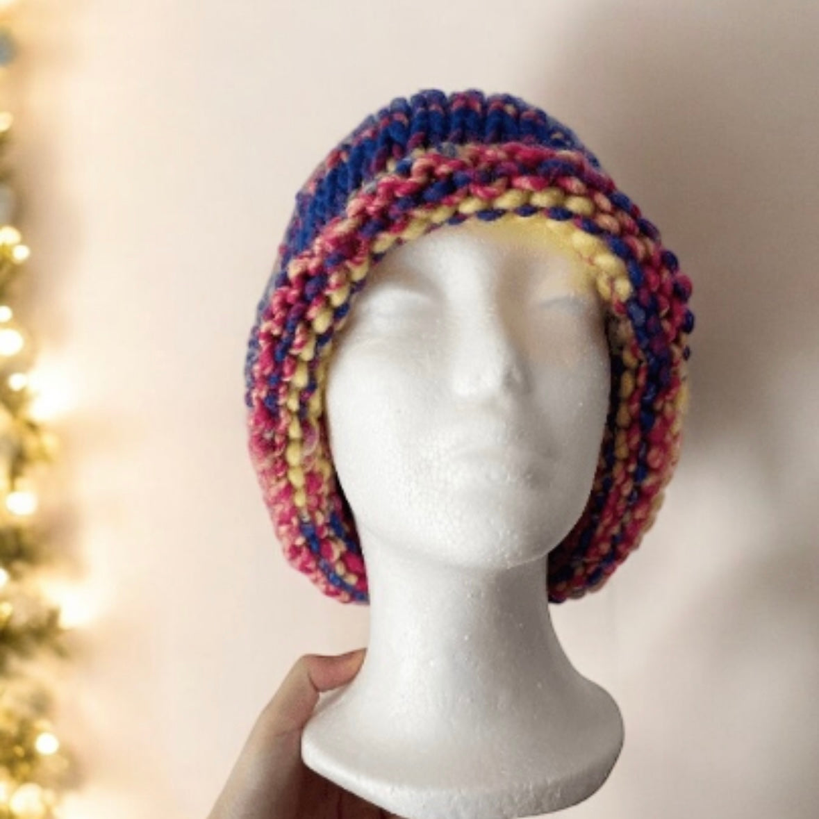 Handknit Colourful Chunky Beanie | Slouchy rainbow candy colour hat | Wool knit fluffy soft beanie | Candy crush ombre