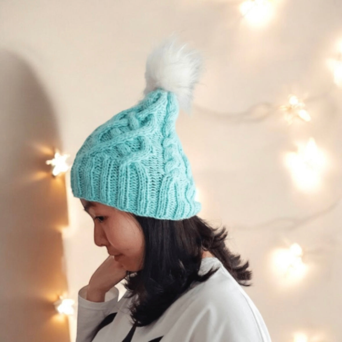 Handknit Cable knit beanie with White fur pom pom - Mint colour beanie - Fur Pom Pom Hat - Knit beanie - Winter Hat