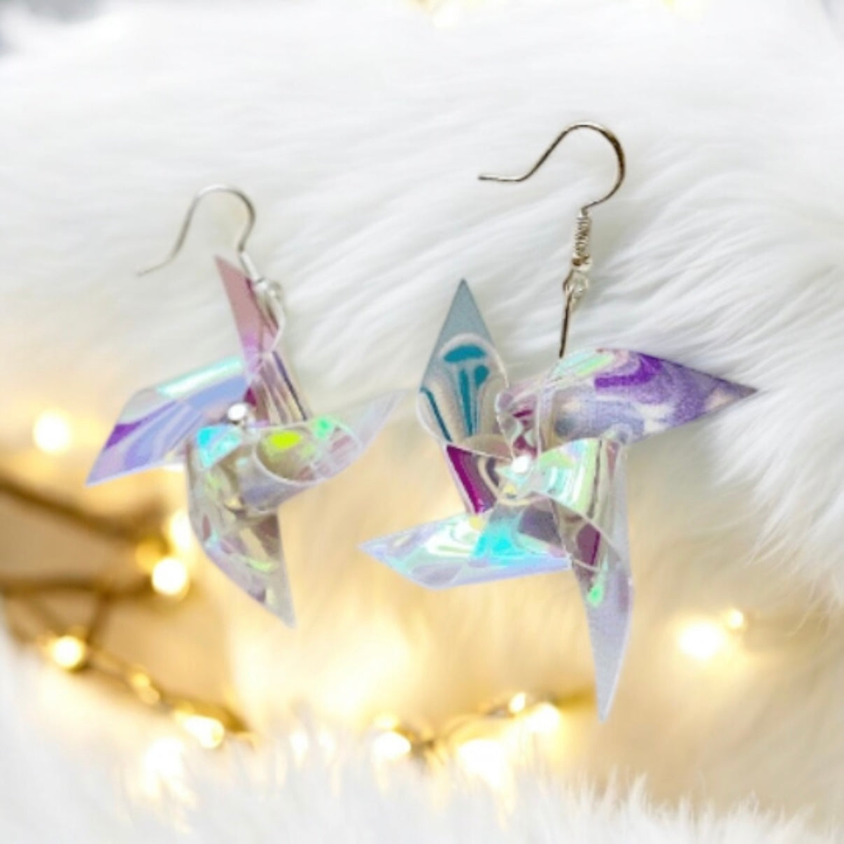 Iridescent windmill earrings | transparent hologram pinwheel kawaii dangle earrings | pop art aesthetic y2k fun drop earrings