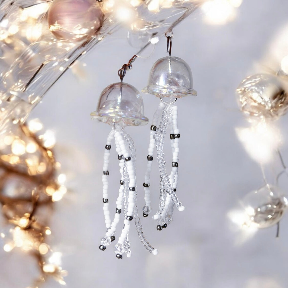 Jellyfish earrings | sea creature zoology earrings | white beaded clear iridescent dangle oversize earrings | halgoram fun y2k earrings