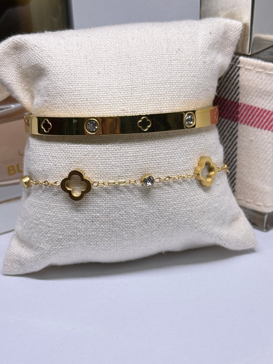 Gold bangles and bracelet set with zircon and clover pattern | rhinestones embossed | shinny bangle - TuttyKnitty