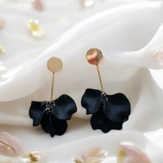 Pure black flowers earrings | frosted petals hoop earrings | statement earrings | golden crumpled geometric floral bridal earrings