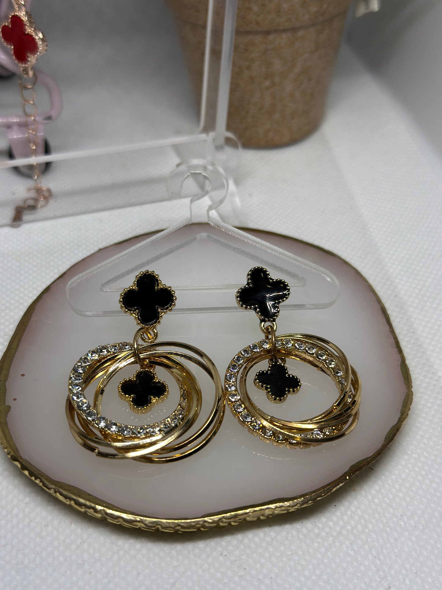 Golden clover earrings | rhinestone elegant earrings