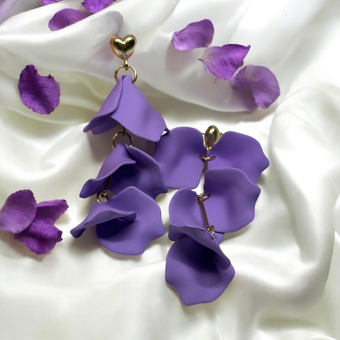 Lilac purple flower earrings |dangly earrings | matte petals colour statement earrings | unique gold geometric floral earrings