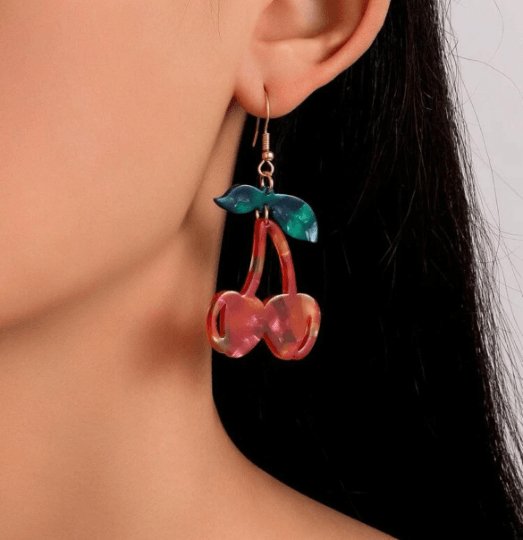 Acetate red cherry dangle earrings | fruits dangle earrings | oversize statement | cute kawaii earrings | burgundy red cherry petals - TuttyKnitty