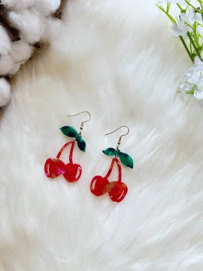 Acetate red cherry dangle earrings | fruits dangle earrings | oversize statement | cute kawaii earrings | burgundy red cherry petals - TuttyKnitty