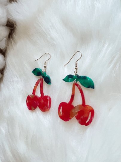 Acetate red cherry dangle earrings | fruits dangle earrings | oversize statement | cute kawaii earrings | burgundy red cherry petals - TuttyKnitty