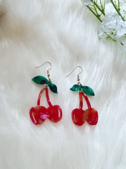 Acetate red cherry dangle earrings | fruits dangle earrings | oversize statement | cute kawaii earrings | burgundy red cherry petals - TuttyKnitty