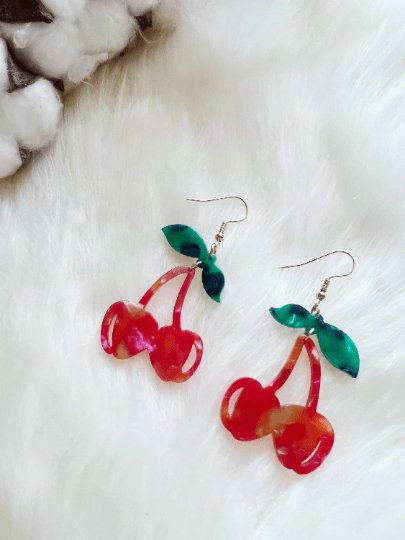 Acetate red cherry dangle earrings | fruits dangle earrings | oversize statement | cute kawaii earrings | burgundy red cherry petals - TuttyKnitty