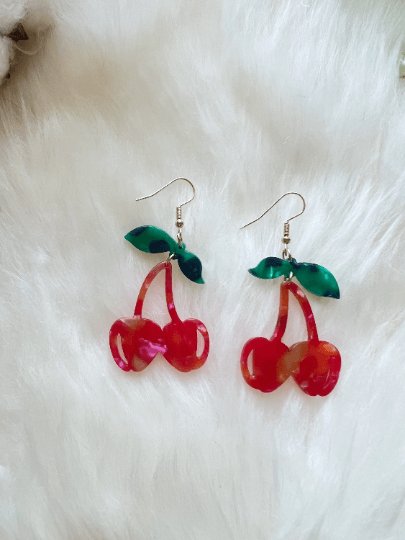 Acetate red cherry dangle earrings | fruits dangle earrings | oversize statement | cute kawaii earrings | burgundy red cherry petals - TuttyKnitty