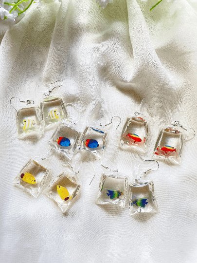 Aquarium fish in bag | a bag of Colourful fish dangle earrings | oriental style minimalist earrings |quirky earring | korean style kawaii - TuttyKnitty