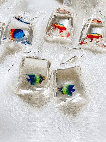 Aquarium fish in bag | a bag of Colourful fish dangle earrings | oriental style minimalist earrings |quirky earring | korean style kawaii - TuttyKnitty