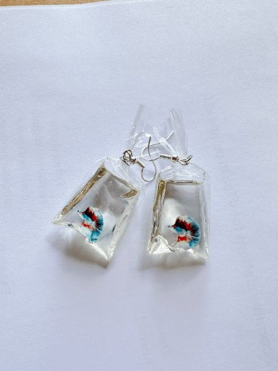 Aquarium fish in bag | a bag of Colourful fish dangle earrings | oriental style minimalist earrings |quirky earring | korean style kawaii - TuttyKnitty