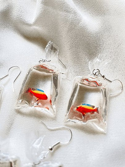 Aquarium fish in bag | a bag of Colourful fish dangle earrings | oriental style minimalist earrings |quirky earring | korean style kawaii - TuttyKnitty