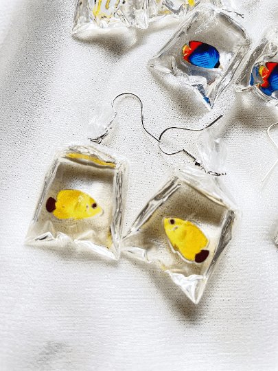 Aquarium fish in bag | a bag of Colourful fish dangle earrings | oriental style minimalist earrings |quirky earring | korean style kawaii - TuttyKnitty