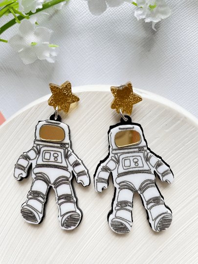 Astronaut earrings | glitter space suit | quirky fun cute kawaii earrings | acrylic art earrings | scientific research mystery news - TuttyKnitty