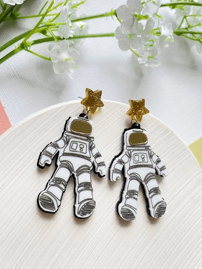 Astronaut earrings | glitter space suit | quirky fun cute kawaii earrings | acrylic art earrings | scientific research mystery news - TuttyKnitty