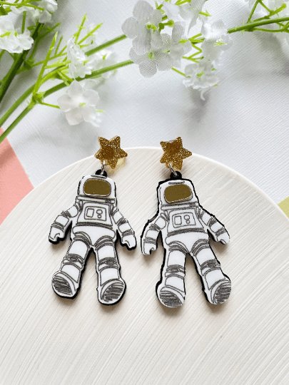 Astronaut earrings | glitter space suit | quirky fun cute kawaii earrings | acrylic art earrings | scientific research mystery news - TuttyKnitty