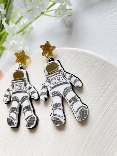 Astronaut earrings | glitter space suit | quirky fun cute kawaii earrings | acrylic art earrings | scientific research mystery news - TuttyKnitty