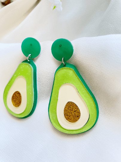 Avocado love glitter earrings | boho style earrings | funky pop art earrings | acrylic art oversize earrings | avocuddle you complete me! - TuttyKnitty