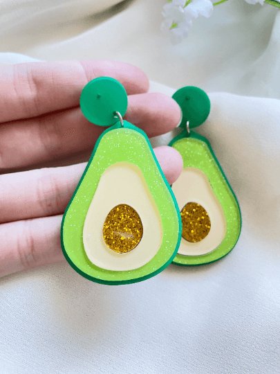 Avocado love glitter earrings | boho style earrings | funky pop art earrings | acrylic art oversize earrings | avocuddle you complete me! - TuttyKnitty