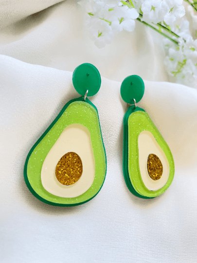 Avocado love glitter earrings | boho style earrings | funky pop art earrings | acrylic art oversize earrings | avocuddle you complete me! - TuttyKnitty