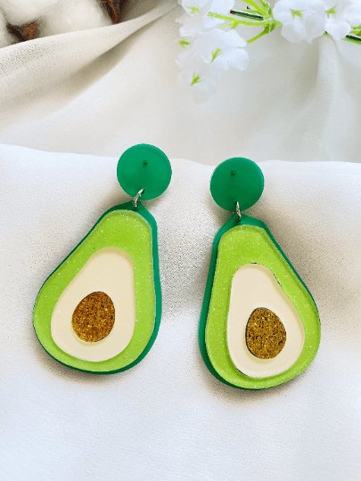 Avocado love glitter earrings | boho style earrings | funky pop art earrings | acrylic art oversize earrings | avocuddle you complete me! - TuttyKnitty