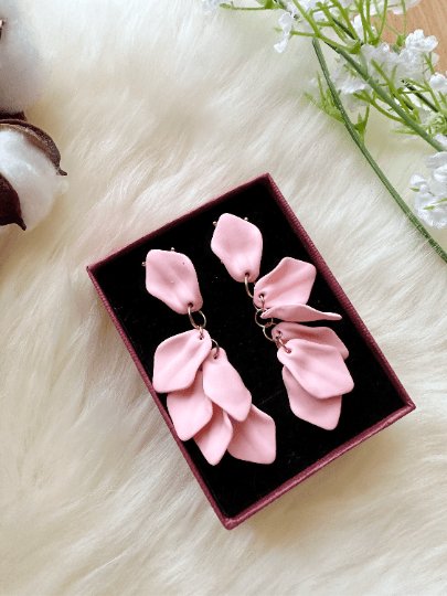 Baby soft pink petals earrings| unique flower earrings | matte frosted dangle earrings| bridal party wedding earrings - TuttyKnitty