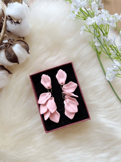 Baby soft pink petals earrings| unique flower earrings | matte frosted dangle earrings| bridal party wedding earrings - TuttyKnitty