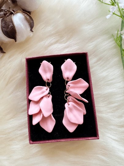 Baby soft pink petals earrings| unique flower earrings | matte frosted dangle earrings| bridal party wedding earrings - TuttyKnitty