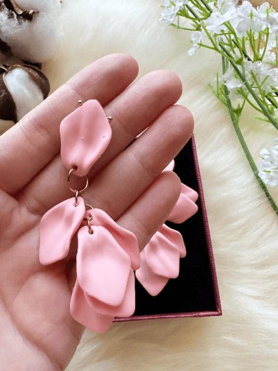 Baby soft pink petals earrings| unique flower earrings | matte frosted dangle earrings| bridal party wedding earrings - TuttyKnitty