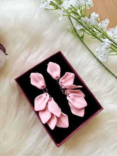 Baby soft pink petals earrings| unique flower earrings | matte frosted dangle earrings| bridal party wedding earrings - TuttyKnitty