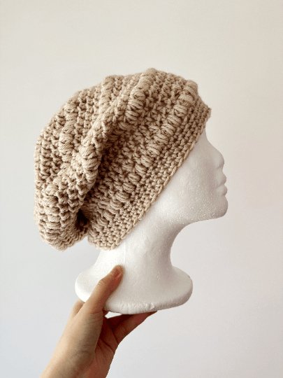 Beige crochet Slouchy Beanie | Chrochet Beret | Slouchy Hat in brown | Knit beanie in yellow | cozy winter beret hat - TuttyKnitty