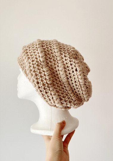 Beige crochet Slouchy Beanie | Chrochet Beret | Slouchy Hat in brown | Knit beanie in yellow | cozy winter beret hat - TuttyKnitty