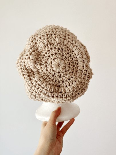 Beige crochet Slouchy Beanie | Chrochet Beret | Slouchy Hat in brown | Knit beanie in yellow | cozy winter beret hat - TuttyKnitty