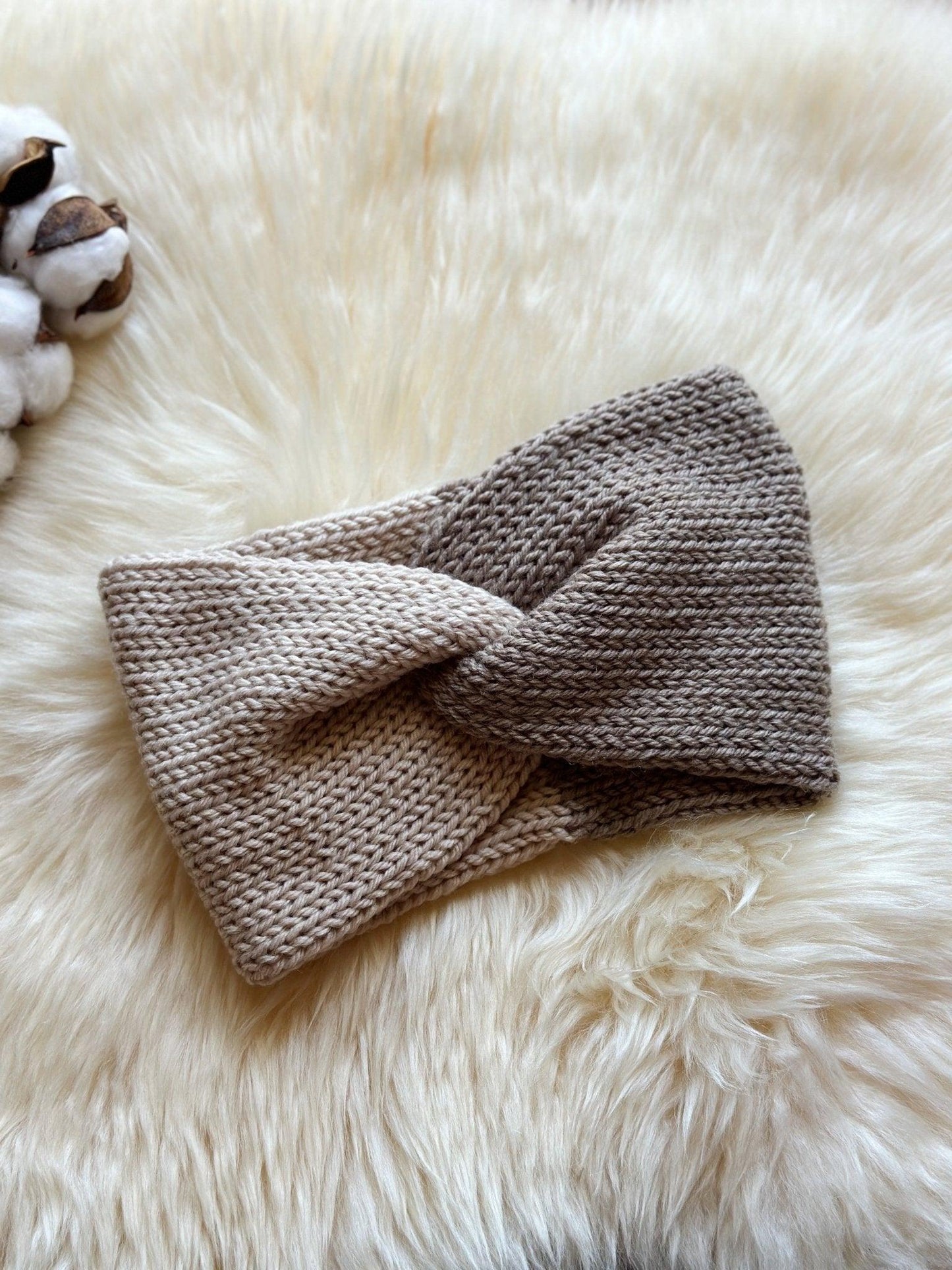 Beige Knit headband | winter ear warmer | colourful turban | twisted head band | wool knit cozy messy bun beanie | casual autumn wear - TuttyKnitty