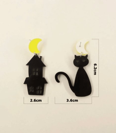 Black cat and haunted house | midnight memory | cat lover | modern retro acetate earrings | halloween party mismatch earrings - TuttyKnitty