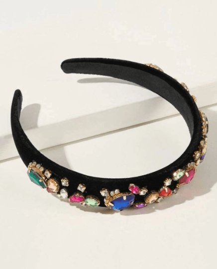 Black velvet headband with colourful cyrstal beads| Baroque style headband |crown tiara hairband |korean hair accessories | bridal headband - TuttyKnitty