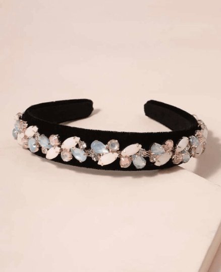 Black velvet headband with pastel pink rhinestones| Baroque style headband |crown tiara hairband |korean hair accessories | bridal headband - TuttyKnitty