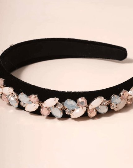 Black velvet headband with pastel pink rhinestones| Baroque style headband |crown tiara hairband |korean hair accessories | bridal headband - TuttyKnitty