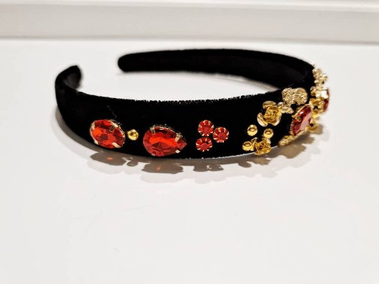 Black velvet headband with red cyrstal beads| Baroque style headband |crown tiara hairband |korean hair accessories | bridal headband - TuttyKnitty