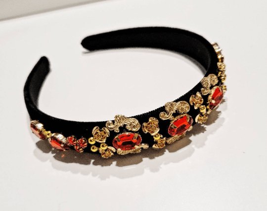 Black velvet headband with red cyrstal beads| Baroque style headband |crown tiara hairband |korean hair accessories | bridal headband - TuttyKnitty