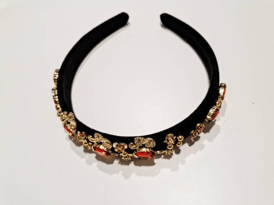 Black velvet headband with red cyrstal beads| Baroque style headband |crown tiara hairband |korean hair accessories | bridal headband - TuttyKnitty