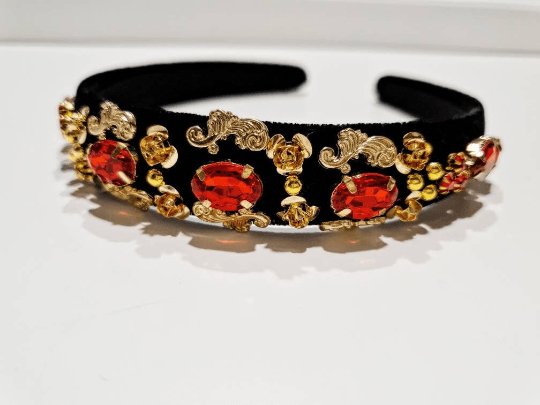 Black velvet headband with red cyrstal beads| Baroque style headband |crown tiara hairband |korean hair accessories | bridal headband - TuttyKnitty