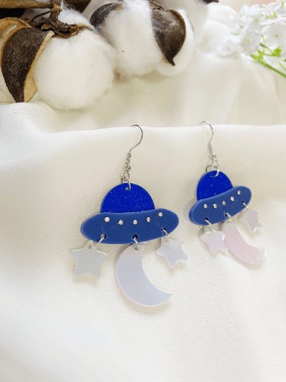 Blue planet earrings | spaceship ufo earrings | colourful clear iridescent dangle earrings | halgoram fun earrings - TuttyKnitty