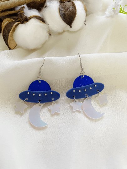 Blue planet earrings | spaceship ufo earrings | colourful clear iridescent dangle earrings | halgoram fun earrings - TuttyKnitty