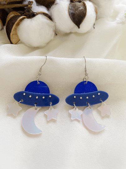 Blue planet earrings | spaceship ufo earrings | colourful clear iridescent dangle earrings | halgoram fun earrings - TuttyKnitty