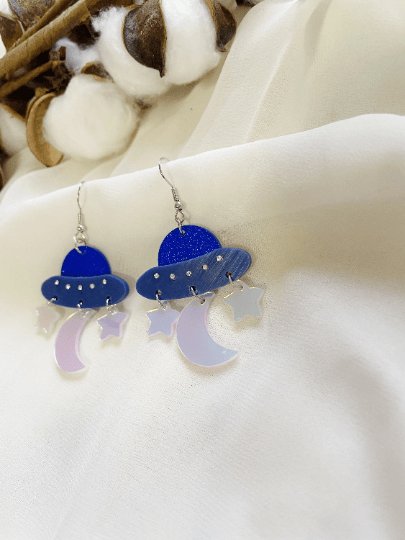 Blue planet earrings | spaceship ufo earrings | colourful clear iridescent dangle earrings | halgoram fun earrings - TuttyKnitty