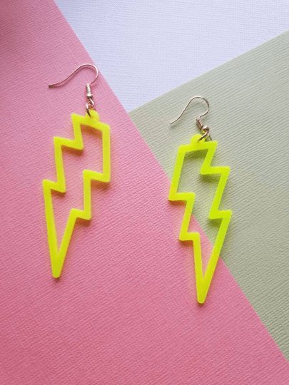 Bright neon yellow electric lightning earrings | Art dangle earrings | pop fun charm hoop earrings | oversize statement earrings - TuttyKnitty