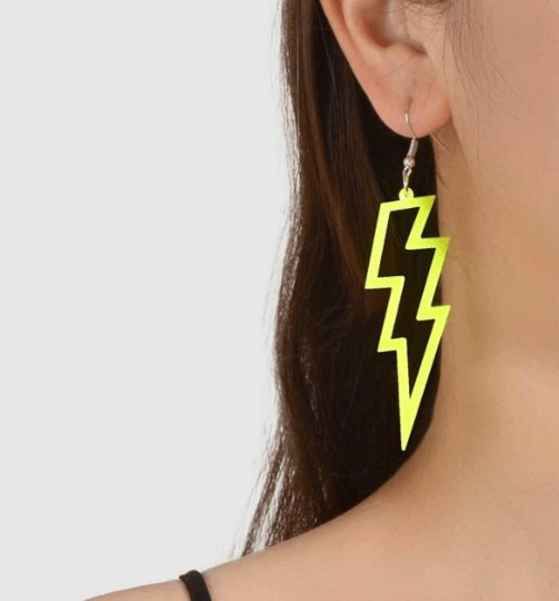 Bright neon yellow electric lightning earrings | Art dangle earrings | pop fun charm hoop earrings | oversize statement earrings - TuttyKnitty